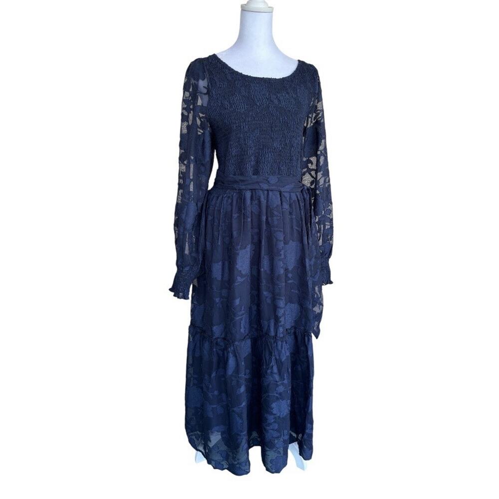 NWT Pinup Fashion Navy Smocked Chiffon Boho Midi Dress Dark Romantic Sz 20W - Picture 4 of 9